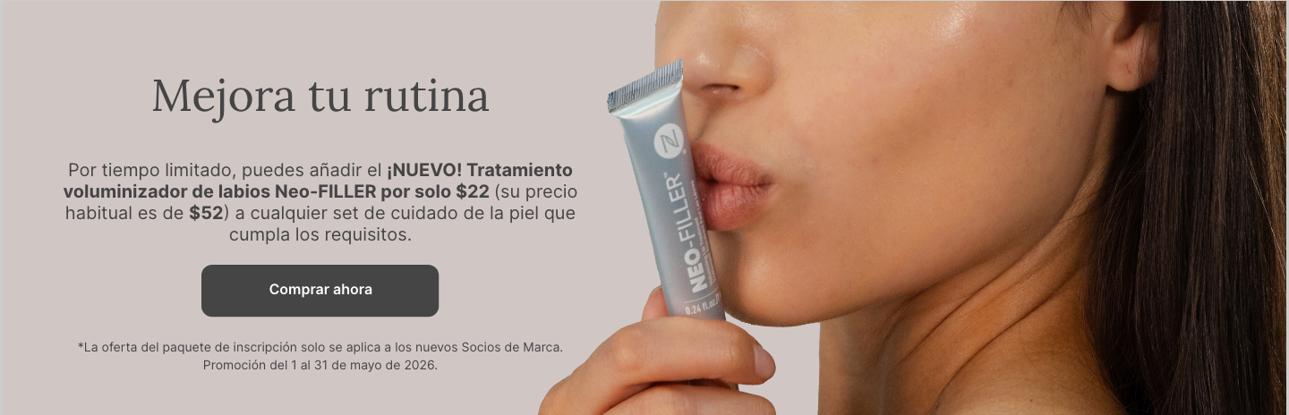 50% OFF Neo-FILLER Volumizing Lip Treatment with any Neo-FILLER or Neo-FILLER Set purchase. Featured is a woman kissing a tube of Neo-FILLER Volumizing Lip Treatment.